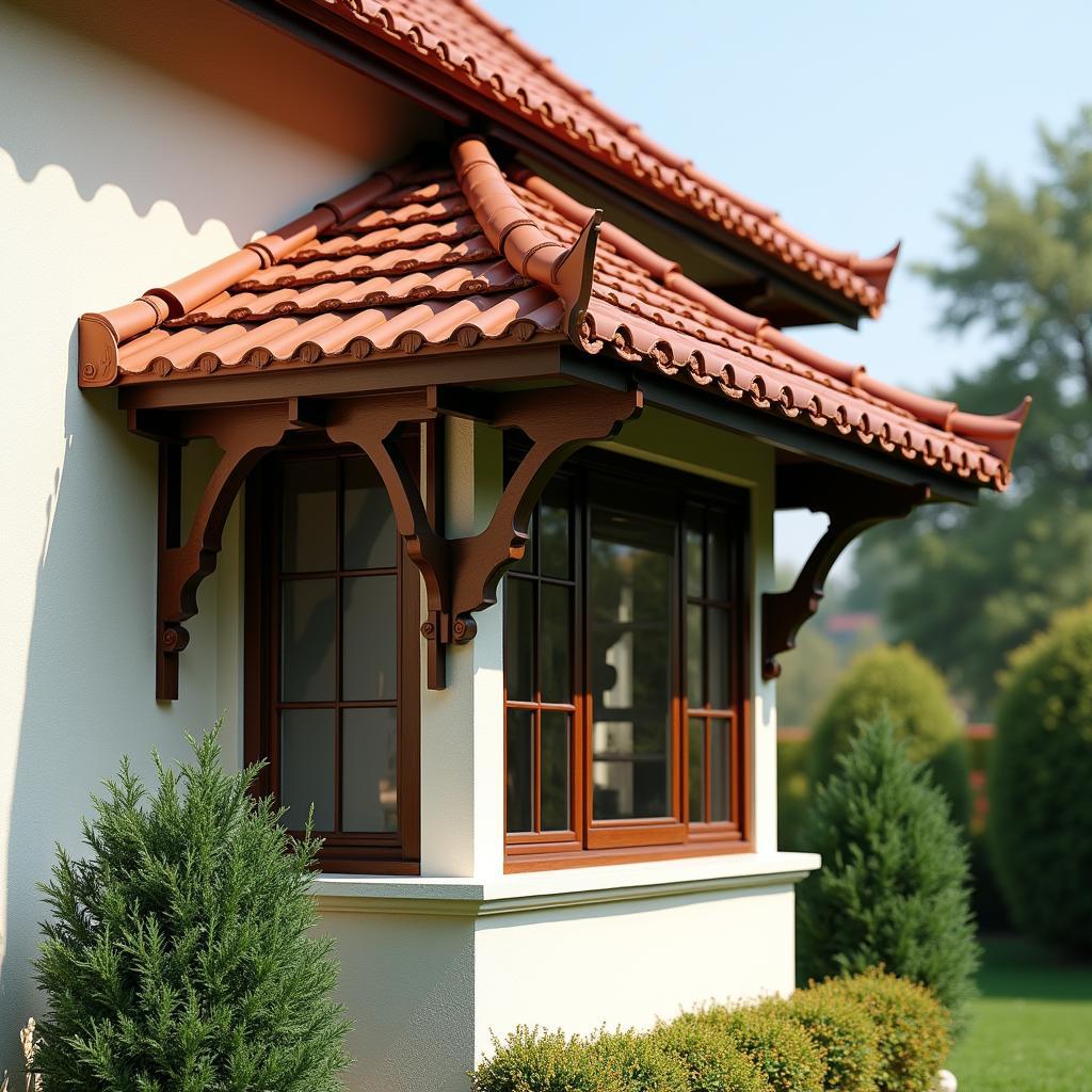Mẫu mái che cửa sổ bằng ngói đỏ sóng trên khung gỗ cho biệt thự vườn kiểu Pháp